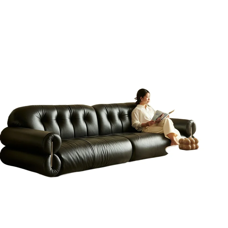 

French retro leather sofa three people, living room small apartment light luxury black straight