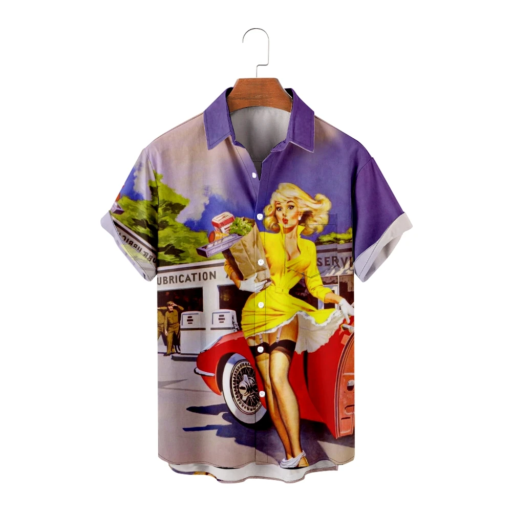 

Men's Hawaiian Shirts Vacation Car Girl Print Casual Short Sleeve Shirts Cool Summer Tops Vintage Breathable