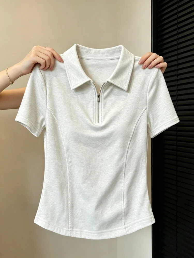 Summer New Women's Slim Fit  Neck Zipper Short Sleeve T-Shirt 95 Cotton Big Size plus Size Fishbone Top Casual Simple Style