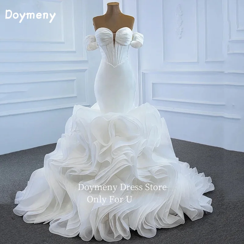 Doymeny Mermaid Off Shoulder Ruffled Wedding Dress Bridal Gown Organza Sweep Train Corset Back Vestido De Novia For Women