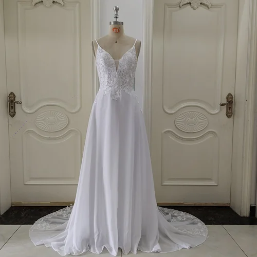 Imagen 1 del producto Vestidos de novia de gasa personalizados ZJ6032 para mujer, novedad de verano 2025, vestidos de novia sin mangas con encaje, nuevo tren de corte