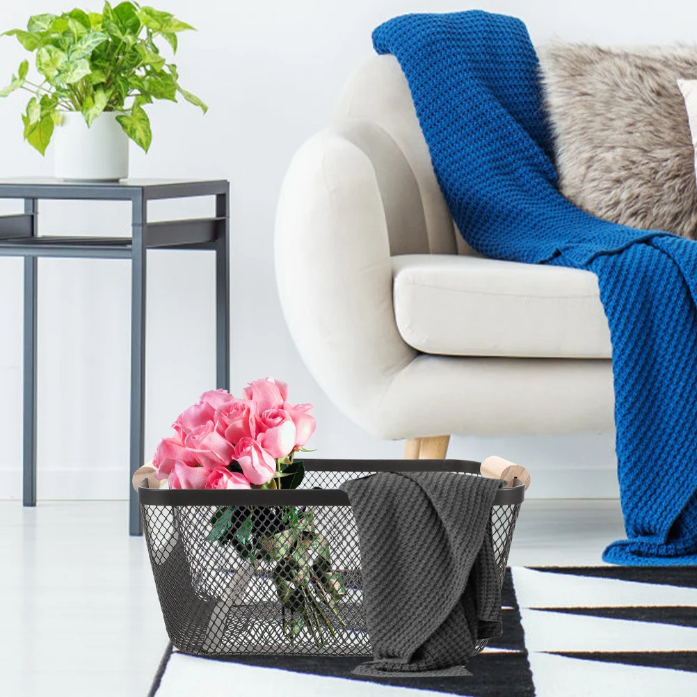 

Stylish Iron Mesh Basket with Wooden Handle Large Capacity Metal Storage Wire Baskets for Bathroom Farmhouse Organizing Shelves