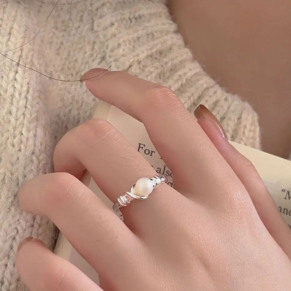New Niche Design Simple And Wrapped Around A Pearl 925 Sterling Silver Temperament Cool Style Sweet Opening Rings  TYB342