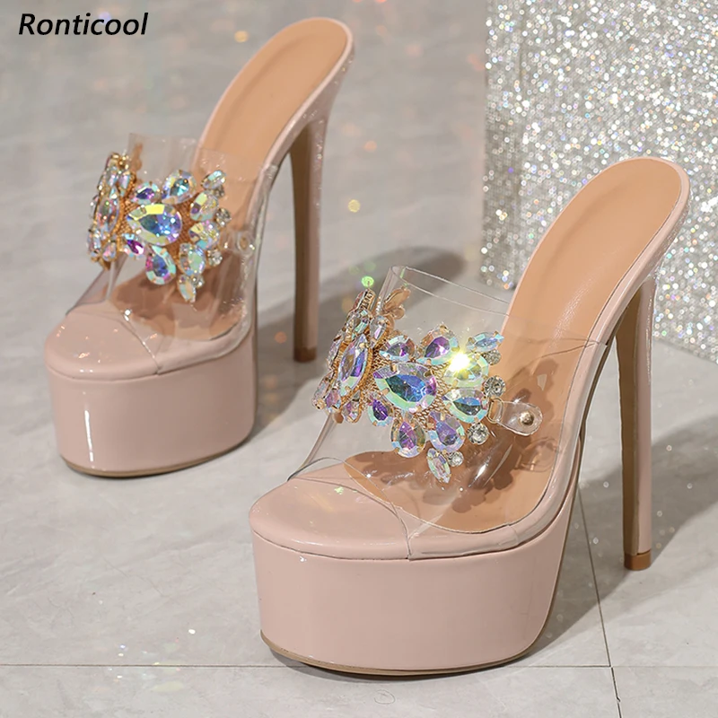 Sandalias de Plataforma Rosa Pálido para Mujer, Hechas a Mano por Ronticool - Decoradas con Cristales, Correa Transparente, Tallas US 35-52