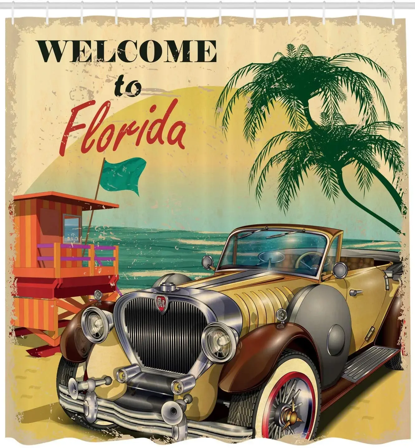 Florida Old Beach Picture with Vintage American Car a Visit to Touristic Coastal State Bathroom Decor