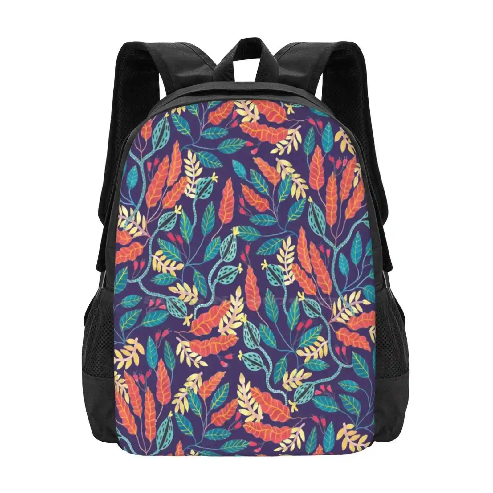 Indigo & Burnt Sienna School Bags Travel Laptop Backpack Gouache Floral Pattern Flowers Nature Boho Bohemian Beach Tropical