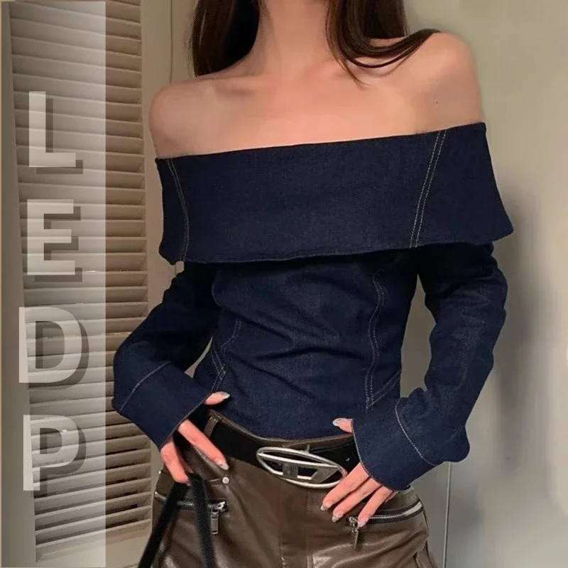 IMU Denim Off Shoulder Blouse Top Women Office Work Casual Plain Blue Long Sleeves T-shirt Western Vintage Female Clothes
