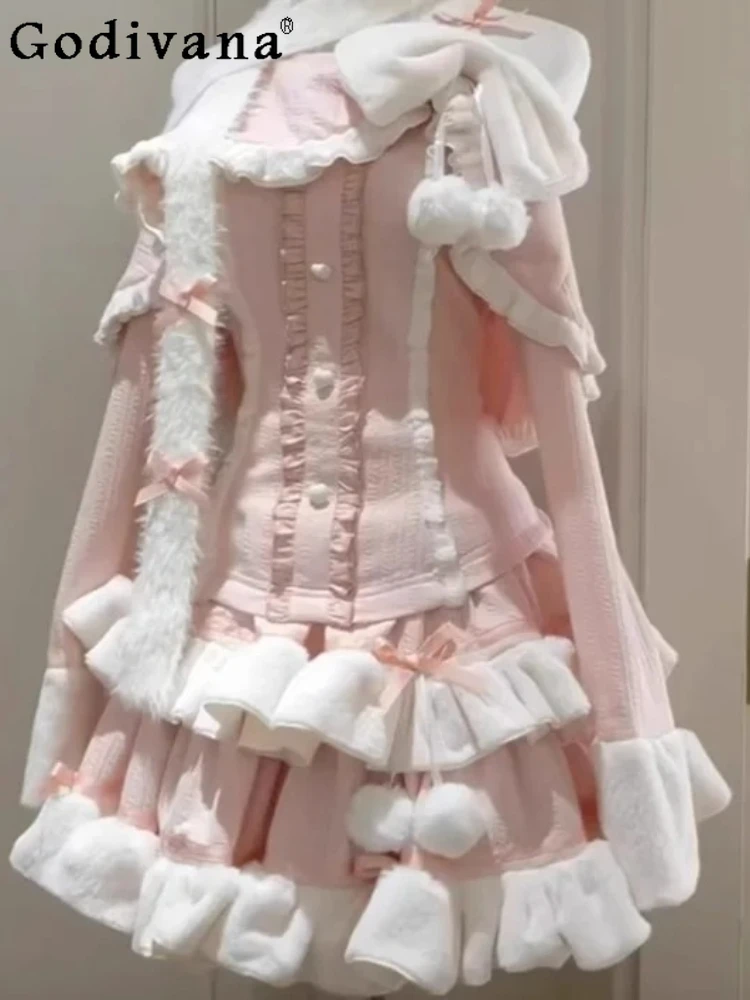 Women Winter Sweet Cute Bow Ruffles Pink Long-sleeved Top Age-reducing High Waist A-line Versatile Princess Cake Skirt Sets