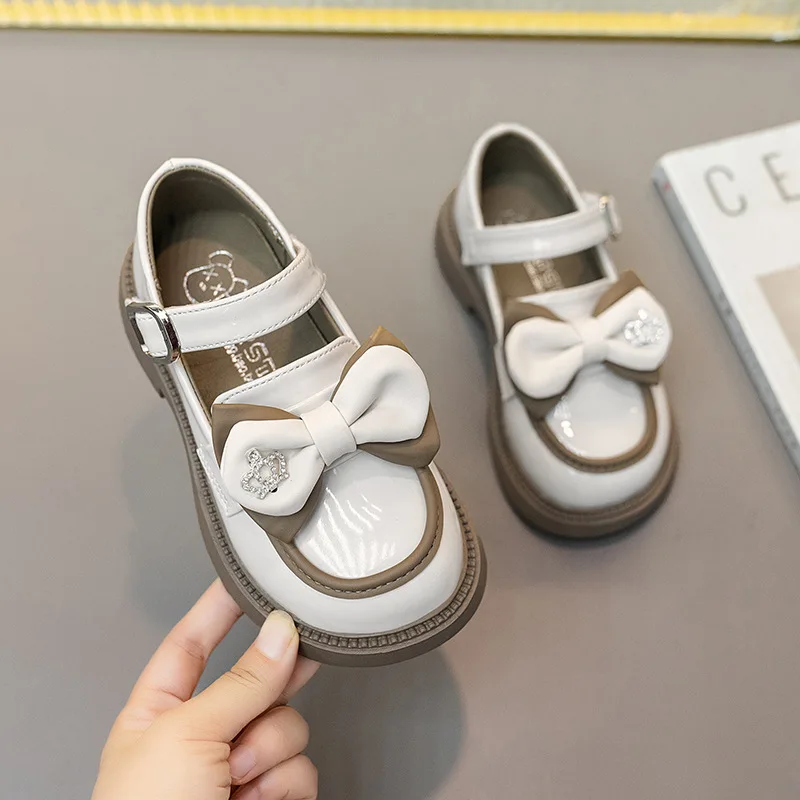 2025 Autumn New British Style Kids Bow Leather Shoes Comfort Non Slip Girls Mary Jane Shoes Simple Versatile Child Casual Shoe