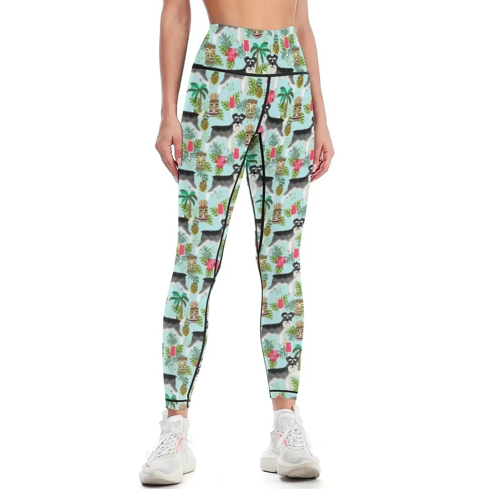 

Schnauzer tiki pattern floral hibiscus floral flower pattern palm leaves by PetFriendly Leggings Fitness woman Womens Leggings