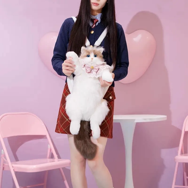 Fluffy Simulation Cat Plush Backpack Soft Stuffed Kitten Bag Romantic Holiday Gift Daily Travel Accessory Decor Collectors