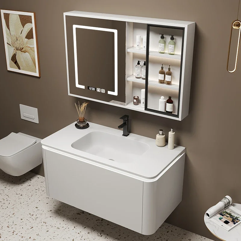 

Smooth Silky Stone Integrated Basin Vanity Smart Round Creamy Style Washroom Sink Cabinet Combo for Bathroom Home Furniture Woo