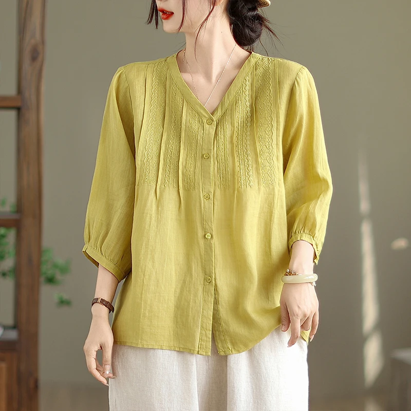 

Retro Embroidered Linen Mid-Sve irt Women Summer Ele Casual Loose Slim Fit irt V-Ne Seven-Sve Top