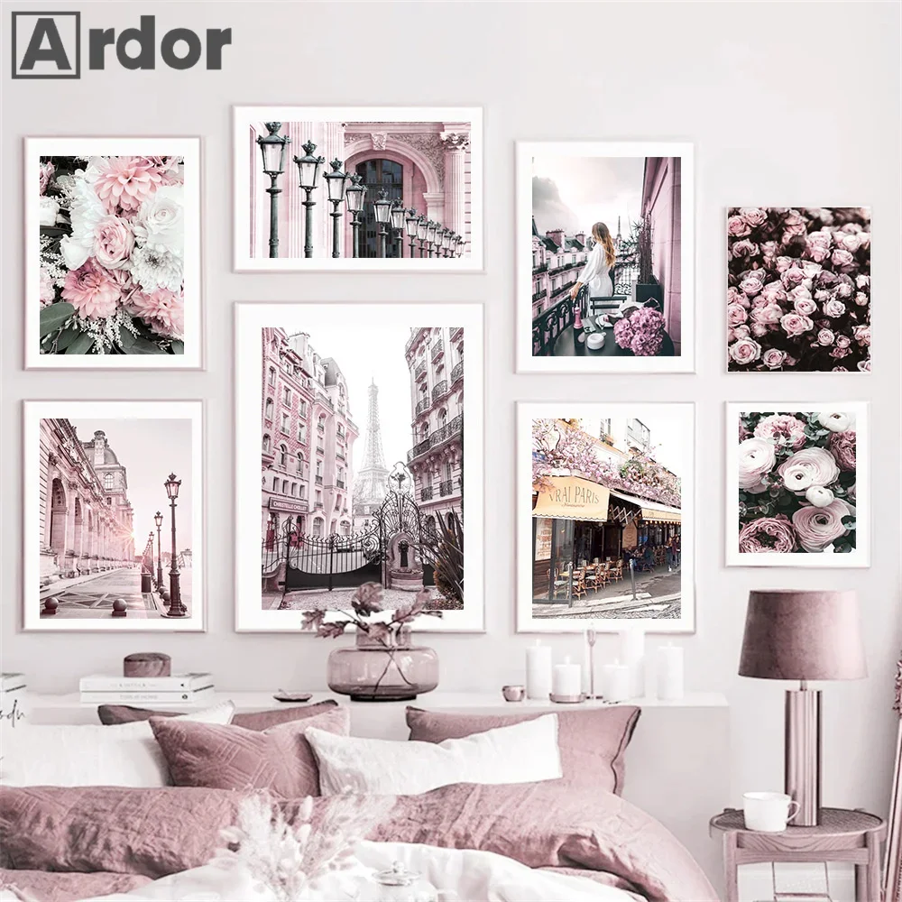 Pink Spring Flower City Landscape Rose Peony Wall Art Canvas Painting Romantic Poster Retro Print Picture Living Room Home Decor