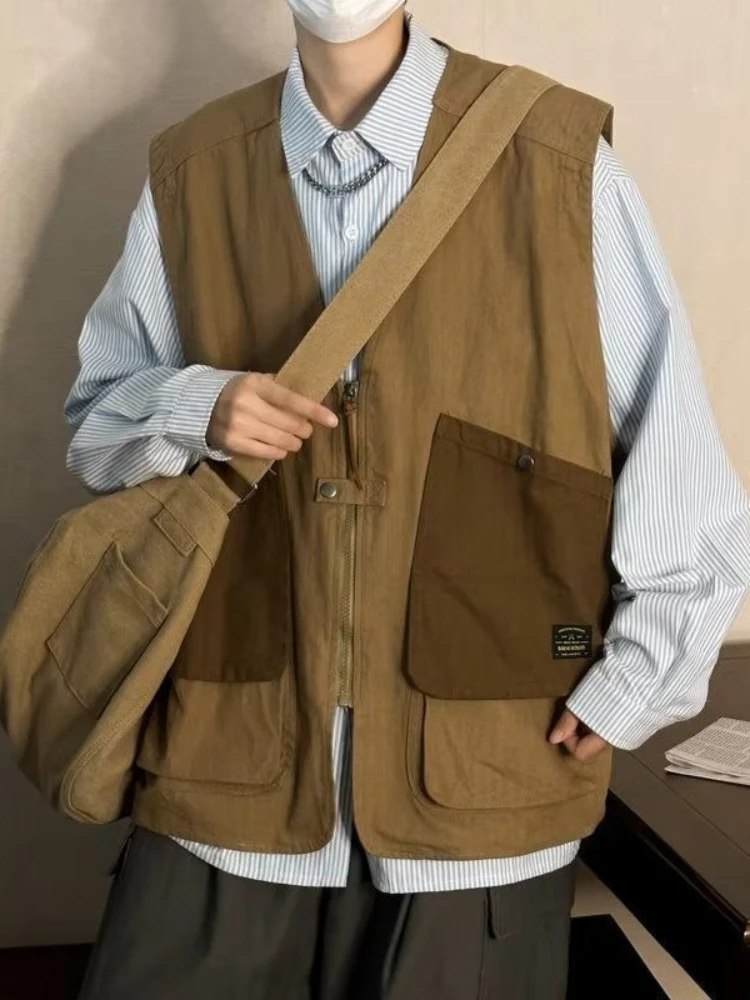 

Японский винтажный стильный карманный жилет CityB12, свободная посадка унисекс, повседневная верхняя одежда с цветными блоками, без рукавов, уличная мода