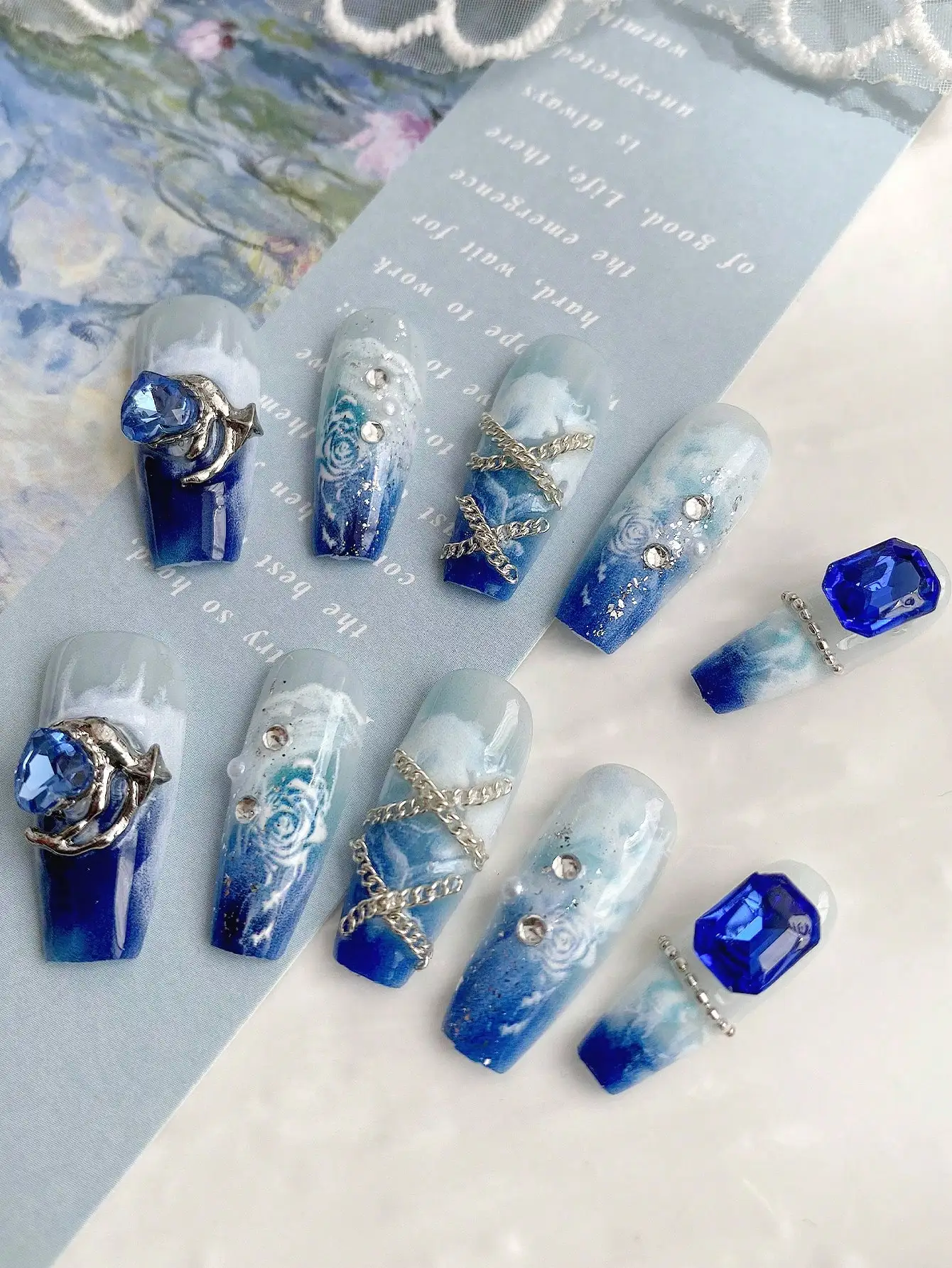 10 Pieces of Handmade Wearable Nail Art, Trapezoidal Full-Cover Nail Tips, Long-Length Nails, Blue Ocean Oil Painting Style, Suitable for Women and Girls, Perfect for Seaside Vacations, Summer Photoshoots, and as a Gift, Comes with 1 Piece of Jelly Glue and 1 Nail File