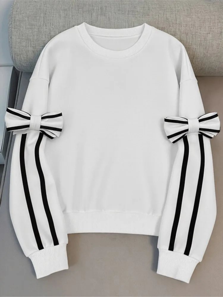 

2025 Round Neck Pullover Women's Clothing Pulls Femmes Casual Commuting Homewear Contrast All-match Simple Style Bowknot Fashion