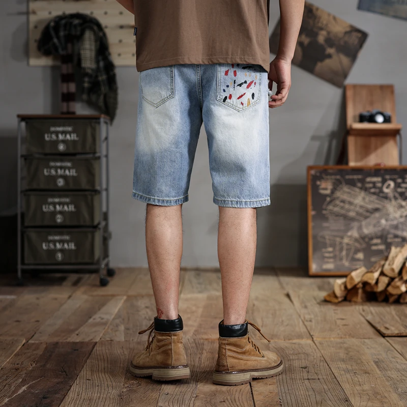 28-48size summer loose large size denim shorts men's ripped fashion trendy middle pants American motorcycle plus-sized shorts