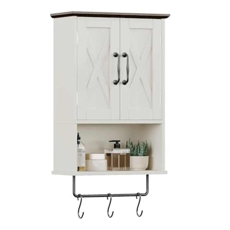 

Навесной шкафчик для ванной в стиле фермерского дома с регулируемой полкой, держателем для полотенец и 3 крючками, для хранения над унитазом