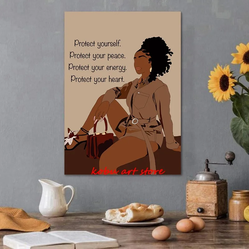 Fashion Black Woman Self Care Self Love Motivational Quotes Poster Print Canvas Painting Wall Art Picture for Room Home Decor
