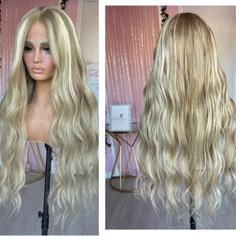 

Super Long Lace Wig White Golden Blonde Highlights Wig on the net Premium High Quality Synthetic Lace Wigs multiple natural wig