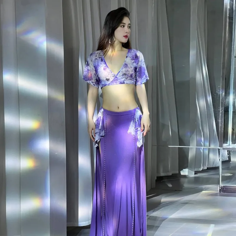 

Индивидуальный костюм для танца живота с принтом, сетчатый тренировочный костюм, комплект из 3 предметов, классная форма, одежда для восточного индийского танца, одежда для танца живота