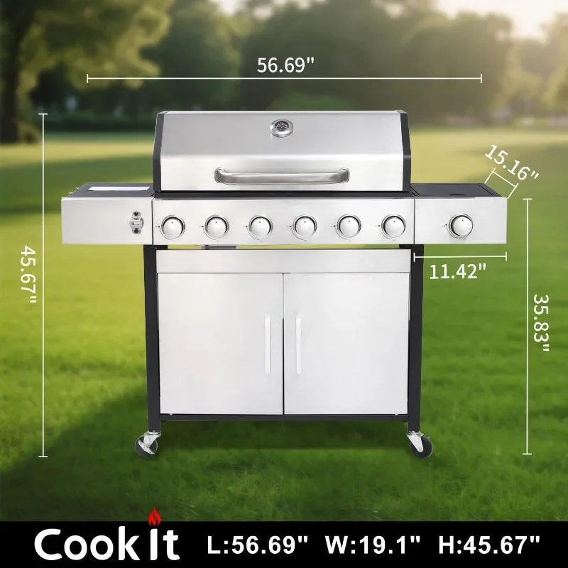 39000 BTU Output Propane Gas Grill with Side Burner and 6 Main Burners-Double-layer Stainless Steel Lid Cast Iron Grids