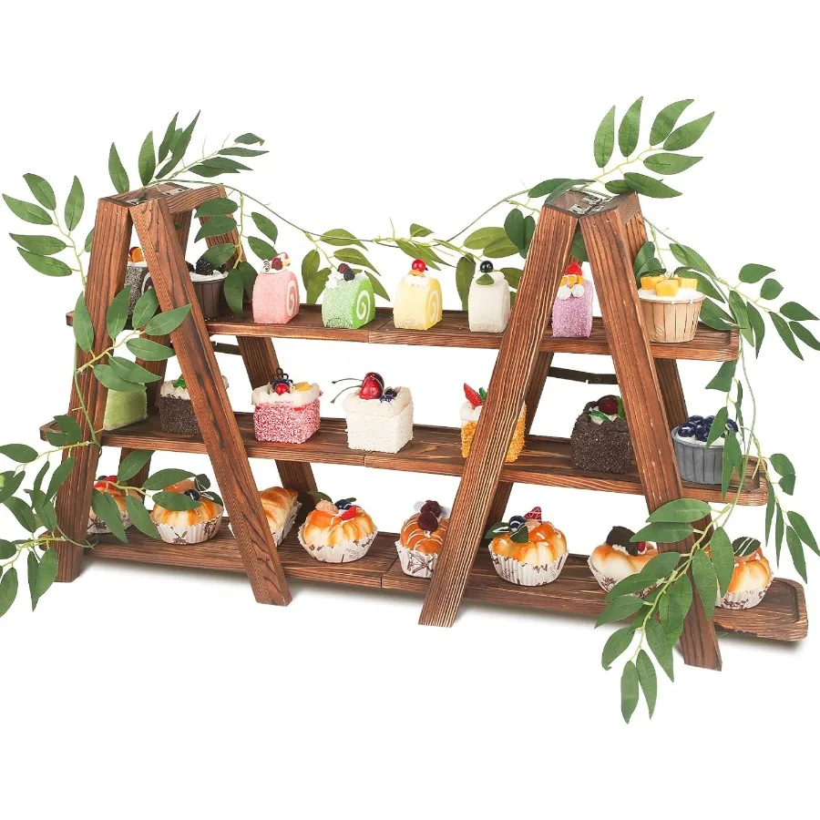 

Wooden 3Tier Cupcake Stand with Removable Trays and Vine Decoration Foldable Party Display Serving Ladder with Platter for Cake