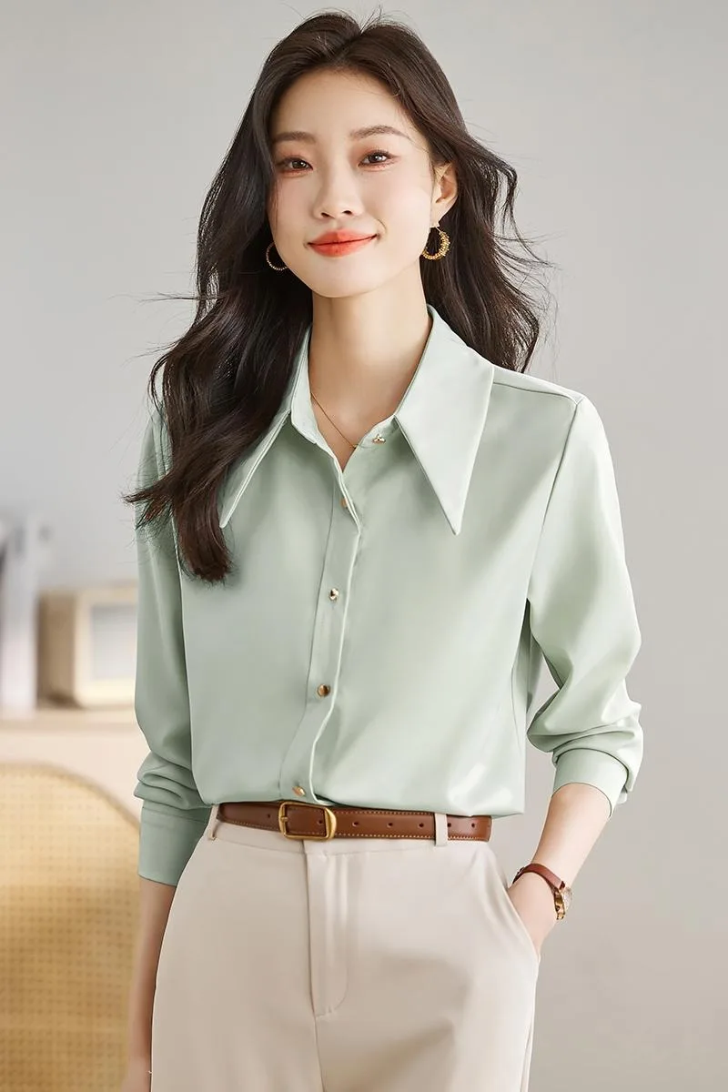 Chemisiers Vintage pour femmes, chemises de couleur unie, mode ample, vêtements coréens d'été, manches longues, col rabattu, hauts en Satin pour femmes