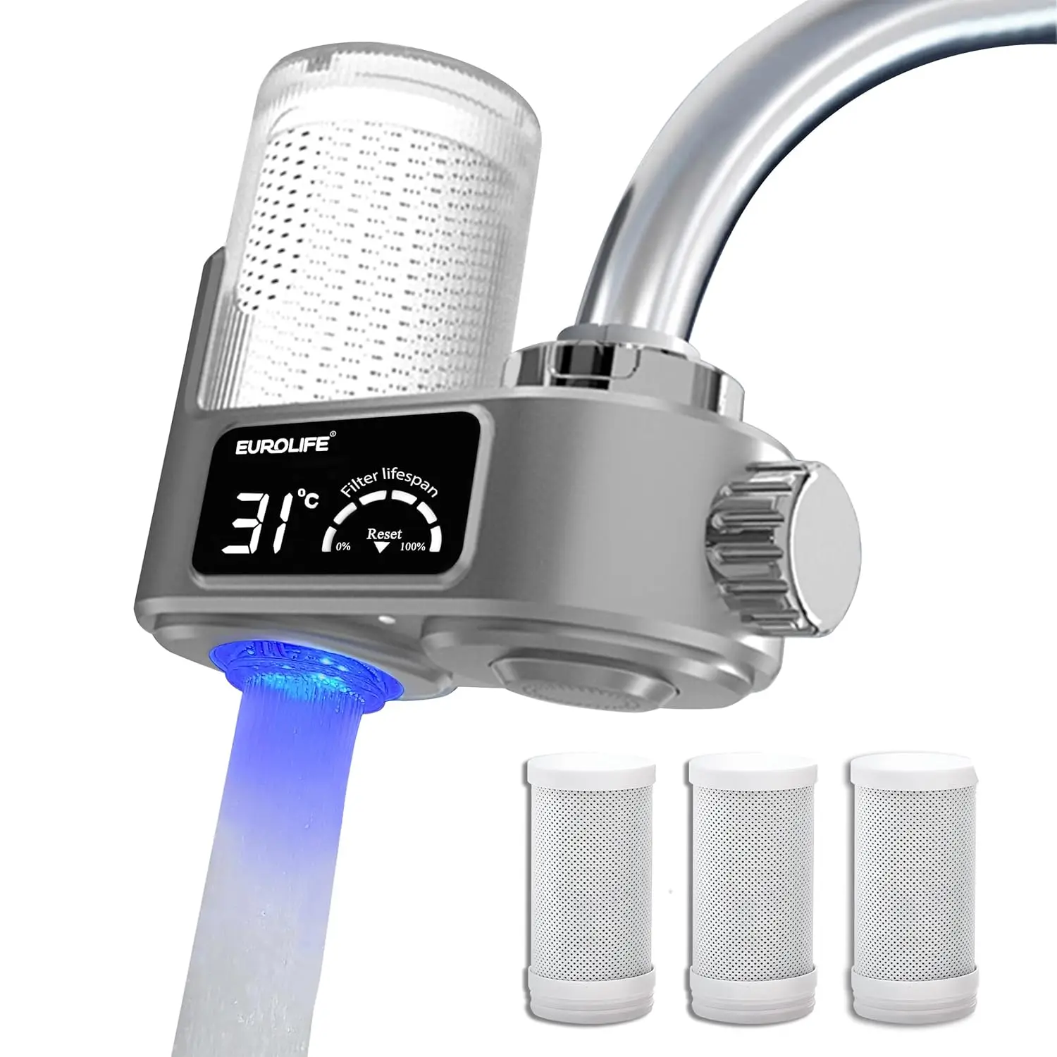 

8-Stage UV Water Filter with LED Indicator, Includes 2 Extra Filters for Clean Drinking Water - Gray
