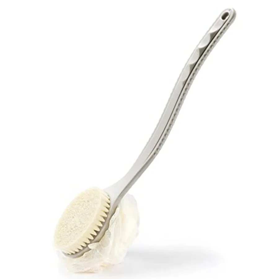 Shower Body Brush with Bristles and Loofah, Back Scrubber Bath Mesh Sponge with Curved Long Handle for Skin Exfoliating Bath, M