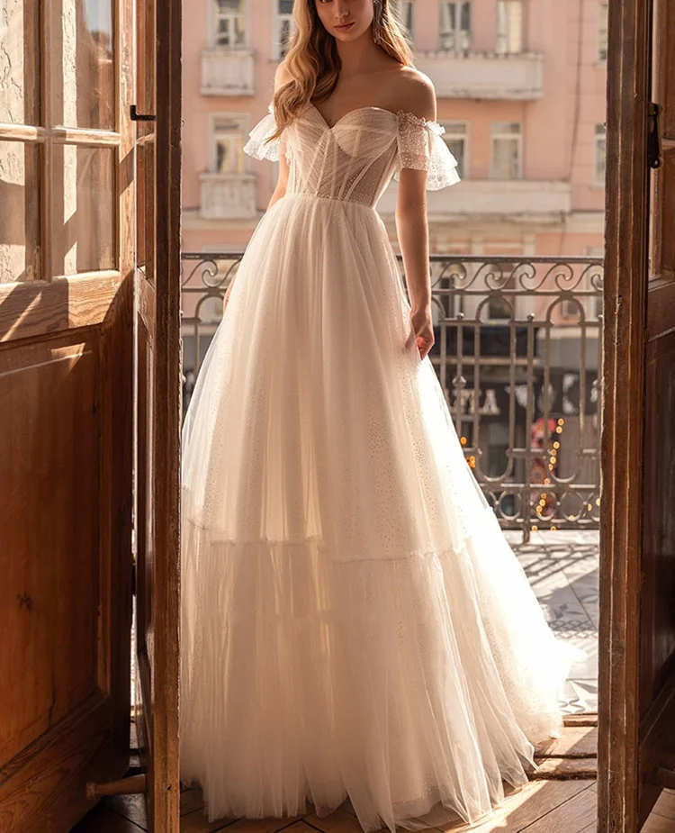 11786#Short Sleeve Dot Tulle Strapless Off Shoulder  Open Back A-Line Sweetheart Princess  Wedding Dress Wedding Bridal Gown