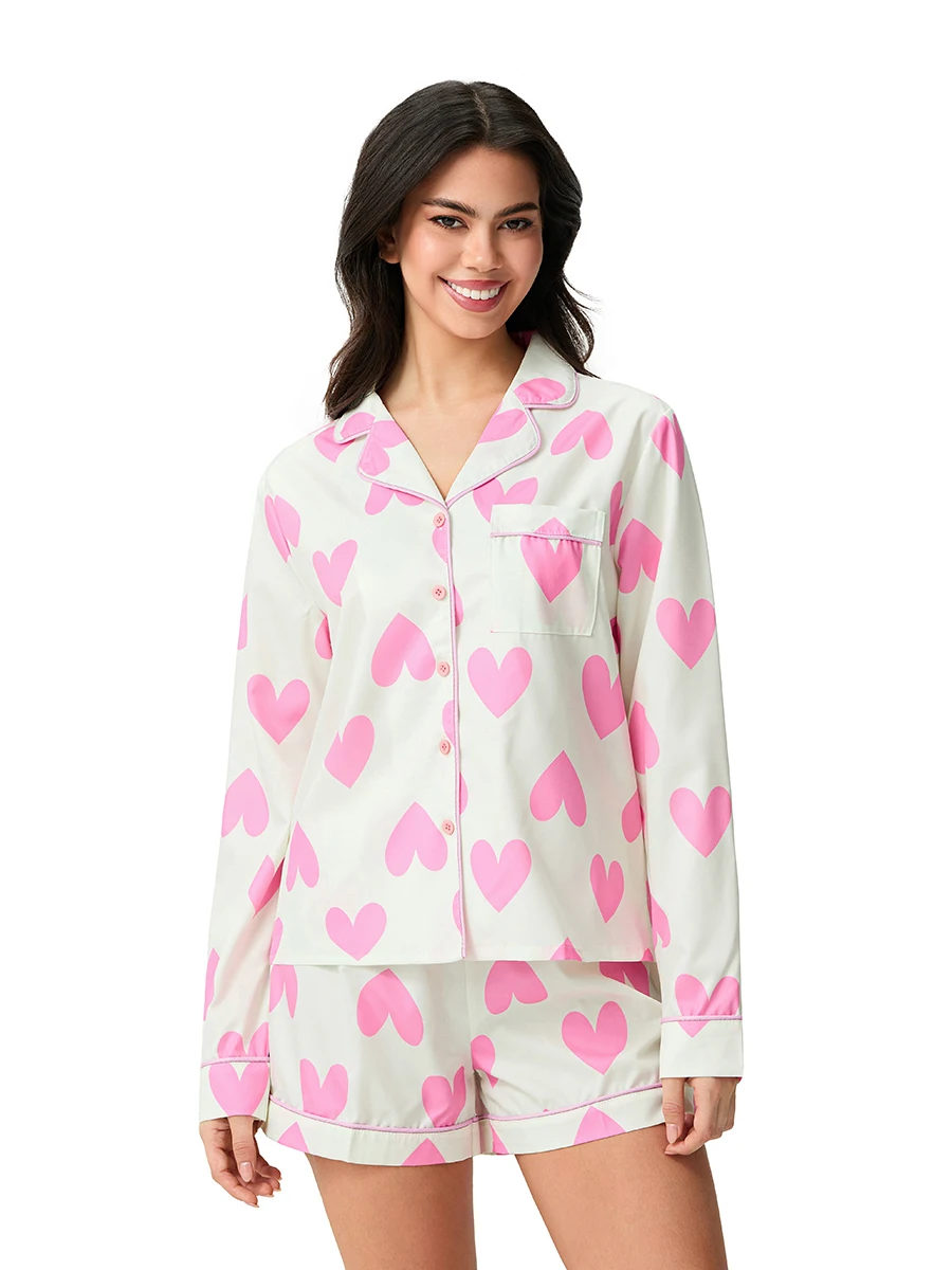 

Women Valentine s Day Pajamas Lounge Set Heart Print Long Sleeve Tops and Shorts 2 Piece Loungewear Outfits