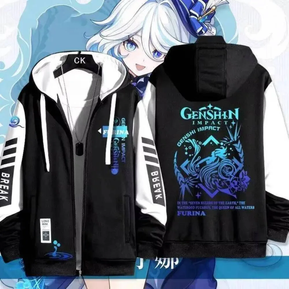 

Anime Genshin Impact Focalors Jackets Autumn Winter Outerwear Fashion Hooded Outwear Slim Fit Hoody Birthday Gifts Boys Girls