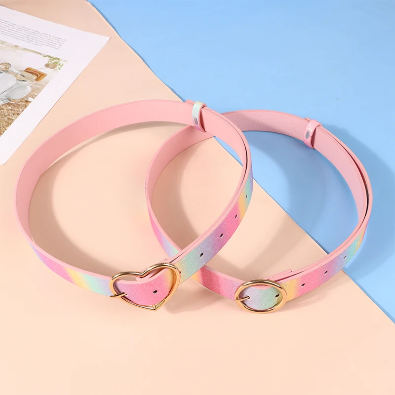 Women's Hot Sale Fashion Sweet Glitter Rainbow Glitter PU Leather Love Buckle And Round Buckle Belt