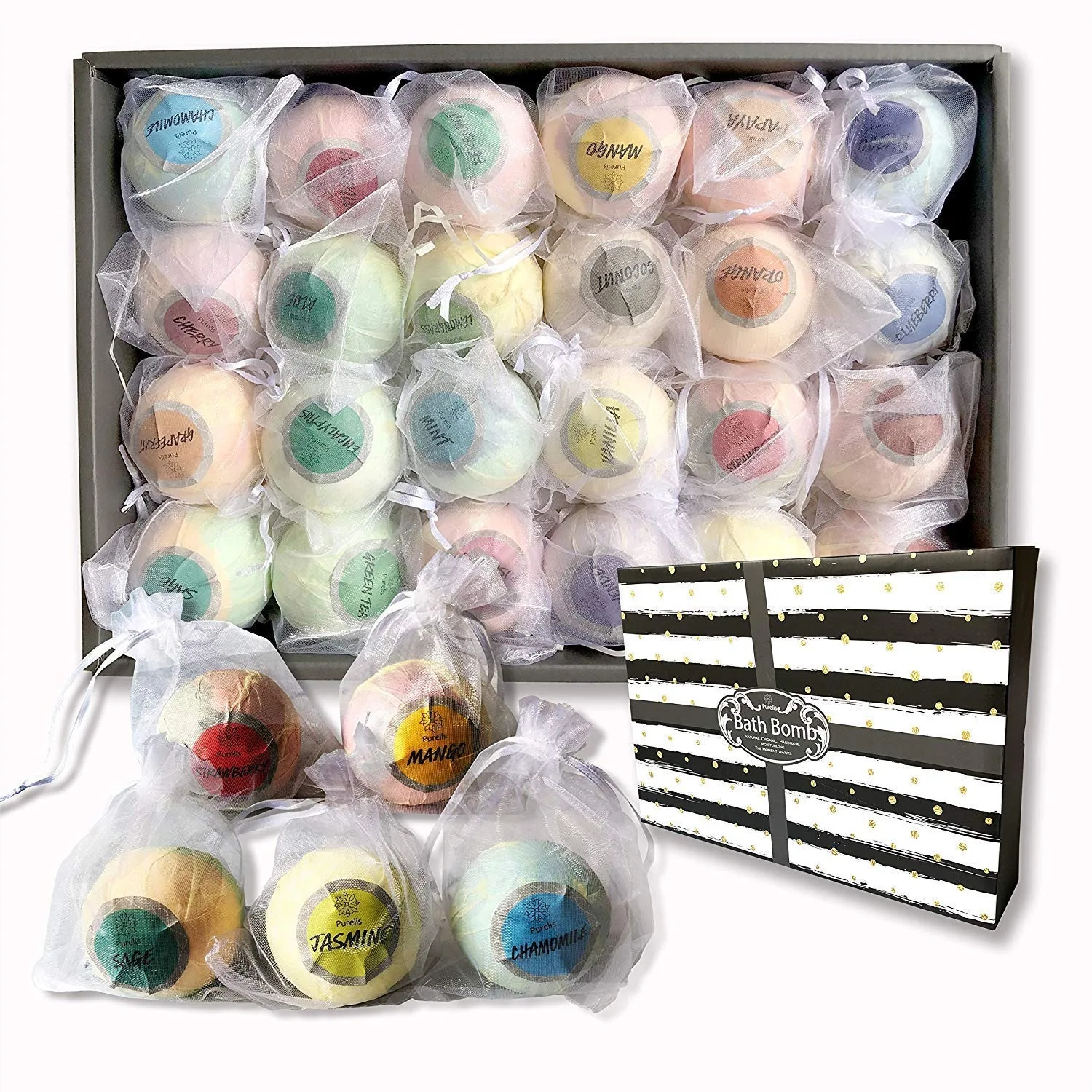 24 Individually Wrapped Bath Bombs Gift Set, Luxury Aromatherapy Fizzers in Mesh Bags for Party Favors & Relaxation