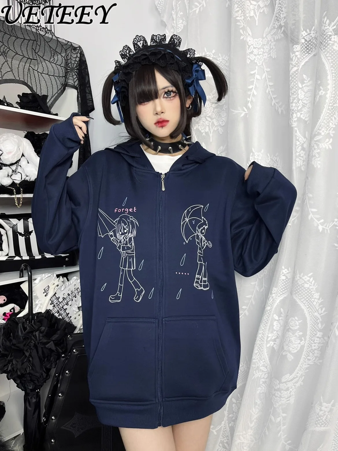 

Fleece Printed Zipper Hoodie Autumn and Winter Loose Sweatshirt Japanese Sweet Cute Girls Long-sleeved Cardigan Jacket