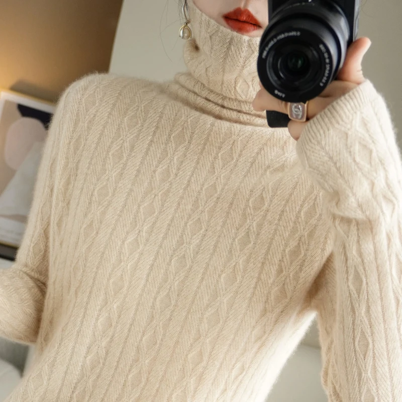 

Women's high necked wool sweater 100% pure wool knitted sweater autumn and winter new sweater women's slim fit cashmere sweater