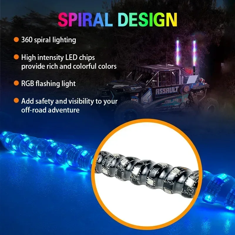 2FT/60 سنتيمتر LED سوط ضوء RGB LED سارية العلم مصباح متعدد الألوان مقاوم للماء عربات التي تجرها الدواب سوط 12 فولت للطرق الوعرة الرمال القضبان/عربات التي تجرها الدواب ATV/UTV 2 قطعة