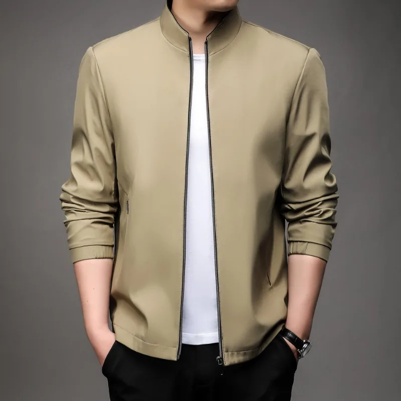 Men Stand Collar Zip Up Jacket Long Sleeve Business Casual Slim Fit Solid Outerwear Coat