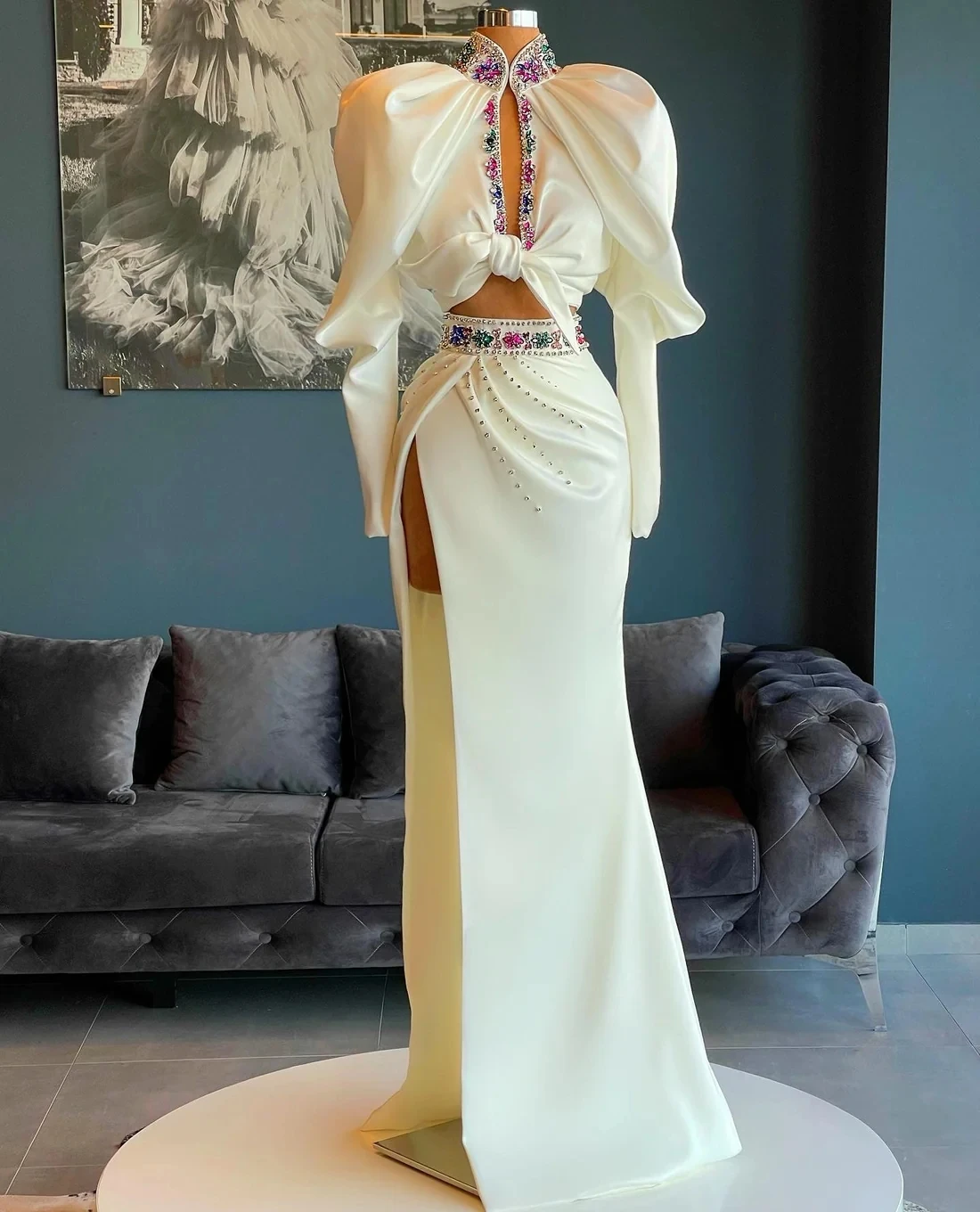 

Haute Couture Prom Dresses Mermaid Long Sleeves Two Pieces Beaded Slit Saudi Arabia Dubai Robe De Soiree Evening Dress Gown