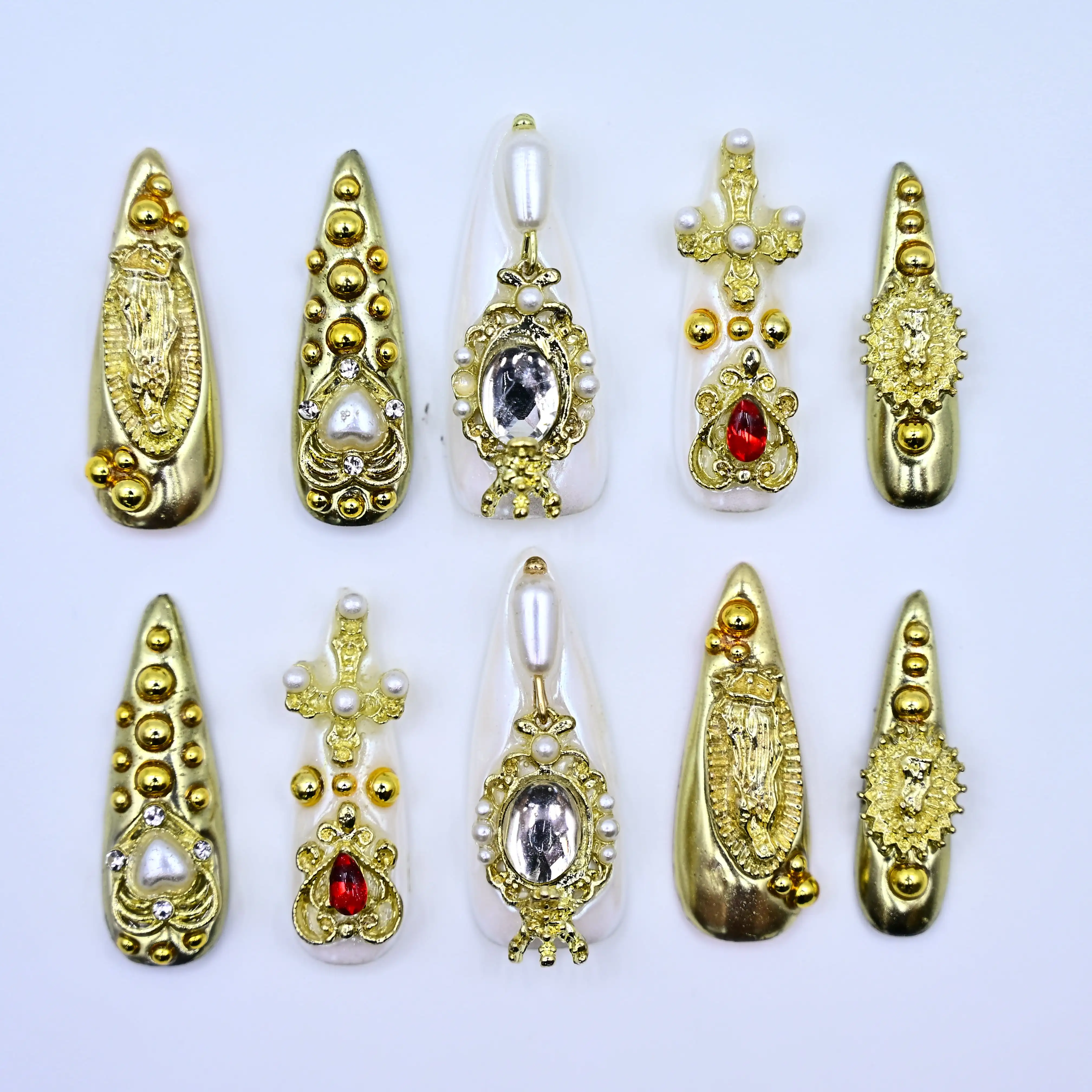 

Handmade Vintage Luxury Long Stiletto Press On Nails, Artisan Design with Gold Metal Pattern + Pearl & Red Gem Embellishments +