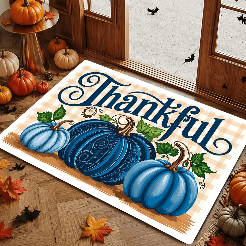 Thankful Blue Pumpkin Non‑Slip Doormat, Fall Plaid Harvest Welcome Rug, Entry Mat for Front Door Porch Indoor Outdoor Home Decor