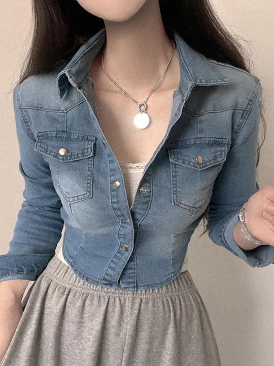 

Retro Hong Kong Sle Women's Denim irt ort Coat Long Sve Turn-down Collar Faion Design Small Size Single Button