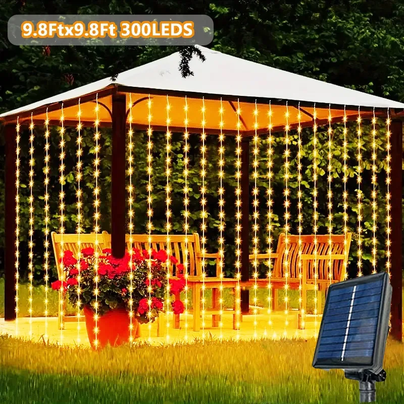 

Outdoor LED Solar Curtain Lamp 8 Modes Fairy String Light for Christmas House Garden Wedding Party Pavilion Pergola Decoration