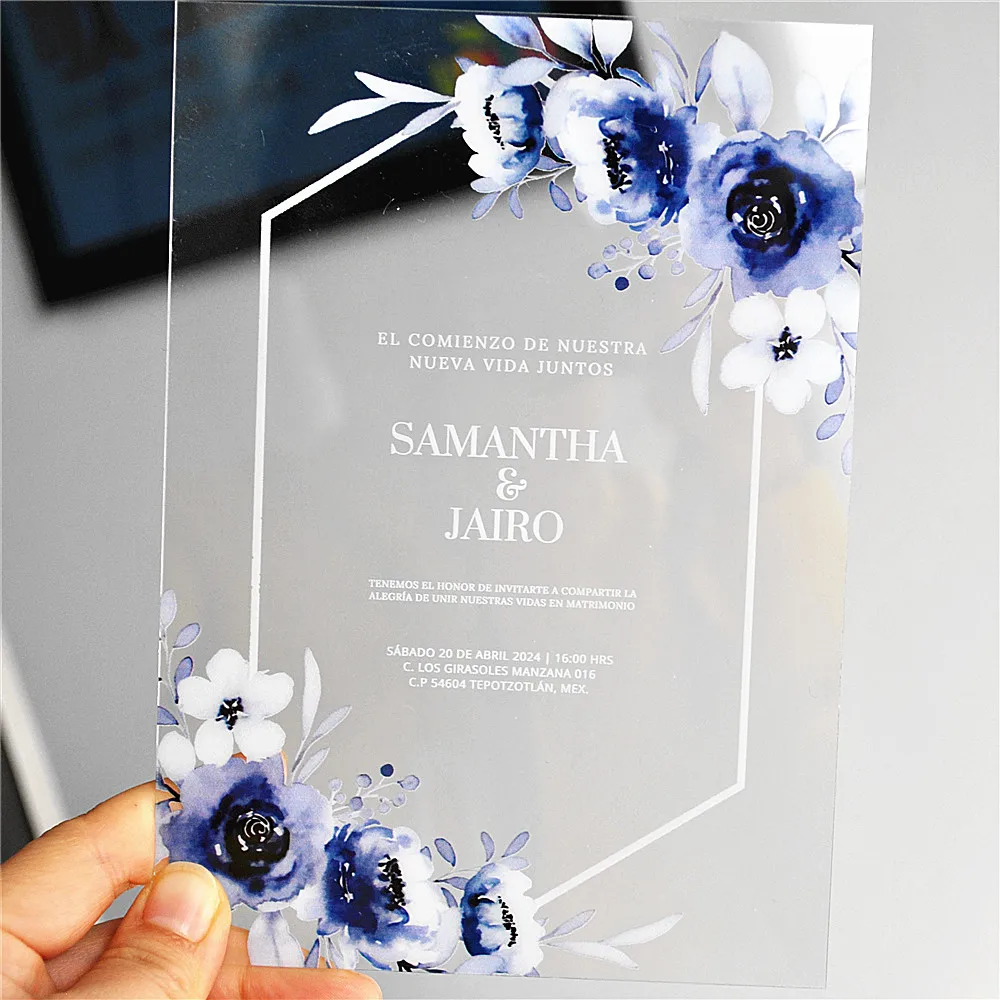 Transparent PVC Wedding Invitation Card with Royal Blue Flower, Personalized Printed, Customized, 0.5mm Thickness, 10Pcs view 3