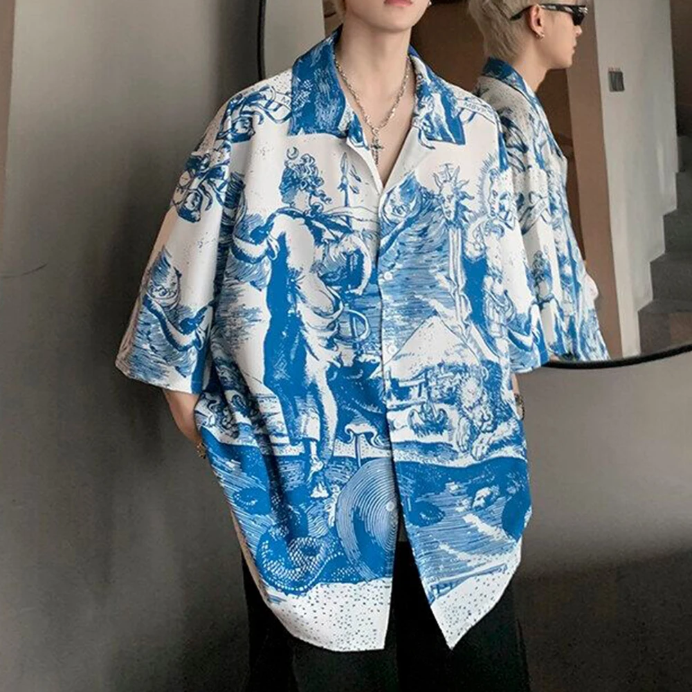 

Mens Embossed Print Casual Hawaiian Shirt Summer Streetwear Fashion Island Youth Trend Short Sleeve Top Men'S Clothing 2026 New