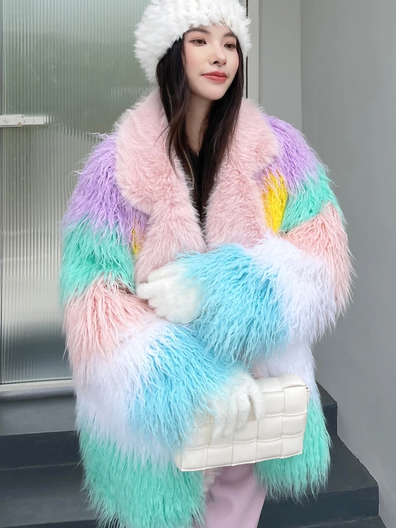 Original Design Female Color Patchwork Faux Fur Coat Suit Collar Medium Length Jacket Lady Shaggy Outerwear Women\'s Winter Coats