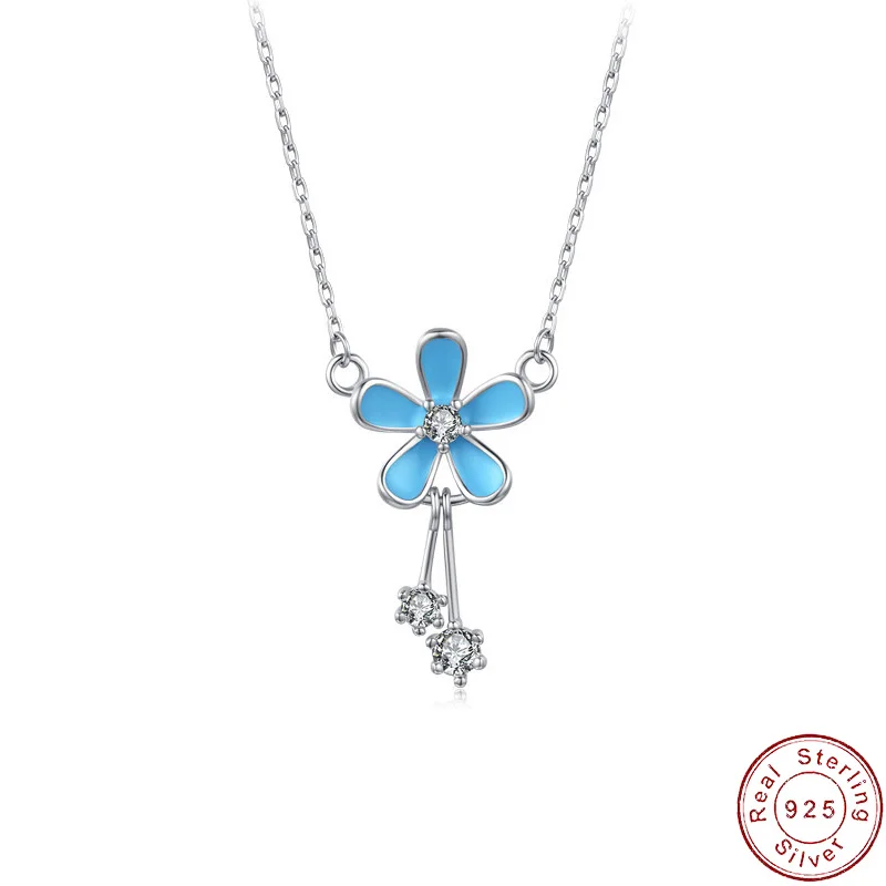 

European Sparkling AAA CZ Blue Enamel Daisy S925 Sterling Silver Necklace Clavicular Chain For Women Birthday Gift Jewelry