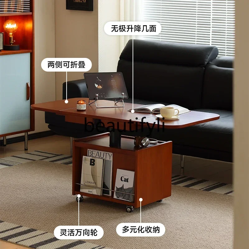 

A15 Solid wood coffee table movable folding lifting small apartment living room creative sofa side table